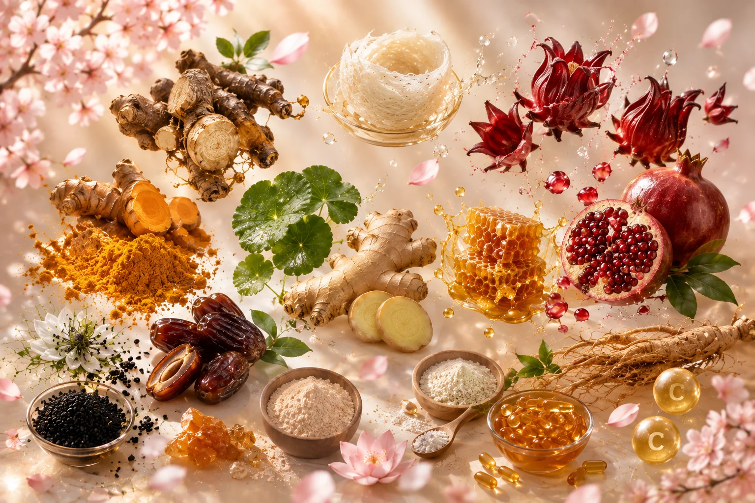 Photorealistic collection representing SAKURAVELLE botanical ingredients including turmeric, ginger, pegaga, roselle, pomegranate, dates, black seed, bird’s nest, honey and wellness actives