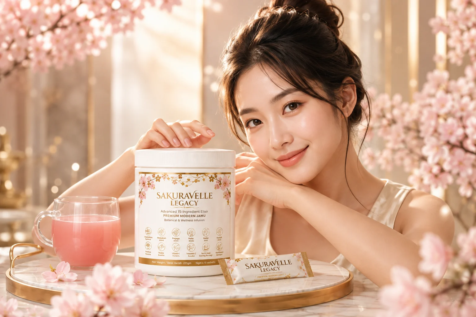 Woman presenting SAKURAVELLE as a premium daily ritual